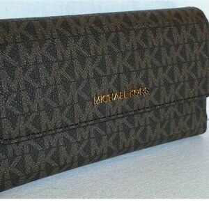 New Michael Kors Jet Set Travel Large Trifold Wallet Signature Brown / Gift Box